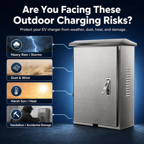 Kickass 304 Stainless Steel Outdoor EV Charger Box With Lockable Weatherproof Shield designed for outdoor protection against dust and rain.