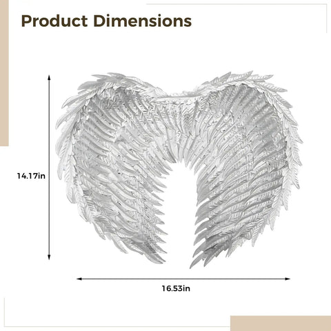 Product dimensions; White Feathered Angel Wings With Adjustable Straps Dope Lightweight Costume Accessory For Cosplay Parties Halloween Or Themed Events Silver Foil Accents Realistic Wing Prop For Women And Men, shown in 14.17in x 16.53in