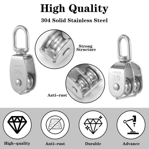 4 Pack M20 Lifting Single Pulley Block With 304 Stainless Steel Construction, featuring strong and durable anti-rust design.