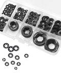 Ruipaba 265-piece internal-tooth star lock washers in a clear plastic organizer, black metal, multiple sizes (front view).