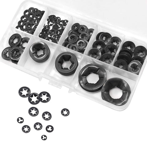 Ruipaba 265-piece internal-tooth star lock washers in a clear plastic organizer, black metal, multiple sizes (front view).