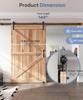 Sliding Barn Door Track And Hardware Kit With 12 Ft Straight Pulley System No Fuss Install Smooth Quiet Rollers Anti Corrosion Aluminum With Black Powder Coat For 66 To 72 Inch Wide Single Doors, installed wooden door, dimensions indicated.