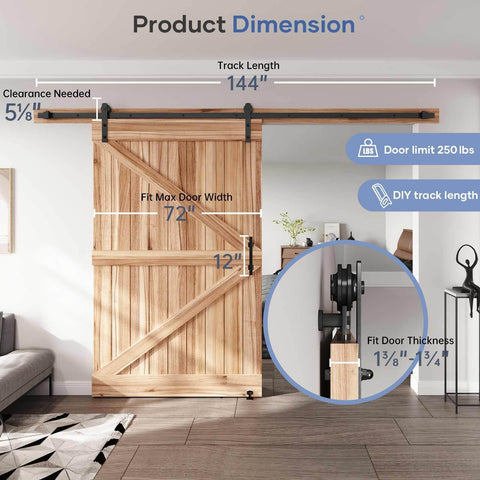 Sliding Barn Door Track And Hardware Kit With 12 Ft Straight Pulley System No Fuss Install Smooth Quiet Rollers Anti Corrosion Aluminum With Black Powder Coat For 66 To 72 Inch Wide Single Doors, installed wooden door, dimensions indicated.