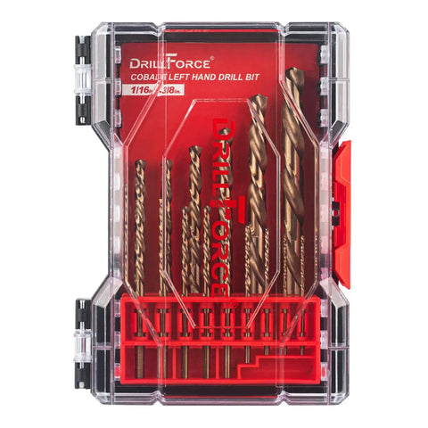 Left Hand Drill Bit Set 15 Pcs M35 Cobalt For Removing Broken Stubs Bolts And Screws Reverse Twist Bits in a red case