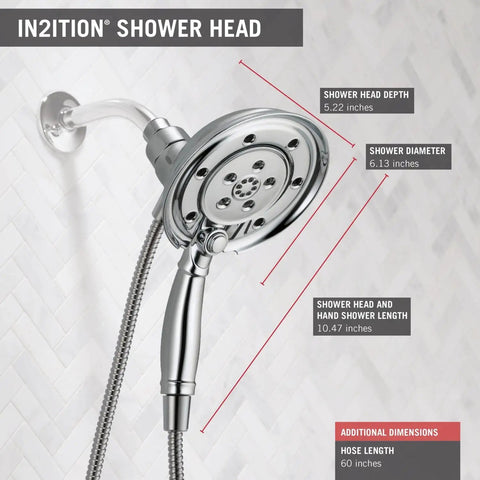 4-Spray H2Okinetic In2ition 2-In-1 Dual Handheld Shower Head with hose and magnetic docking, chrome finish, wall-mounted view