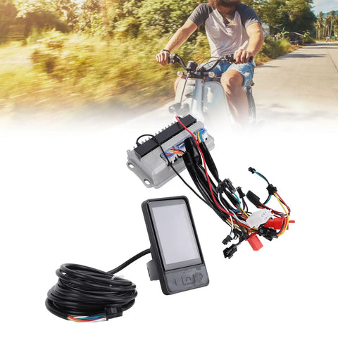 Electric Bike Brushless Motor Controller With TFT LCD Display 60V 500W 28A showcased with a cycling background scene