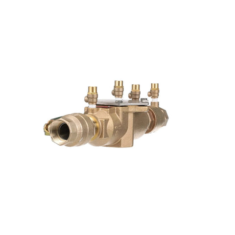 Lead Free Bronze Double Check Valve Assembly With Quarter Turn One And A Half Inch Replaceable Seats And Discs For Easy Affordable Repairs Compact Modular Design That Is Easy To Install No Special Tools Needed Top Mounted Test Cocks For Quick Checks, front view