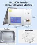 Heavy Duty 10 Gallon Ultrasonic Cleaner 240W Transducer And 300W Heater 40KHz Stainless Steel Tank with digital controls and cleaning basket.