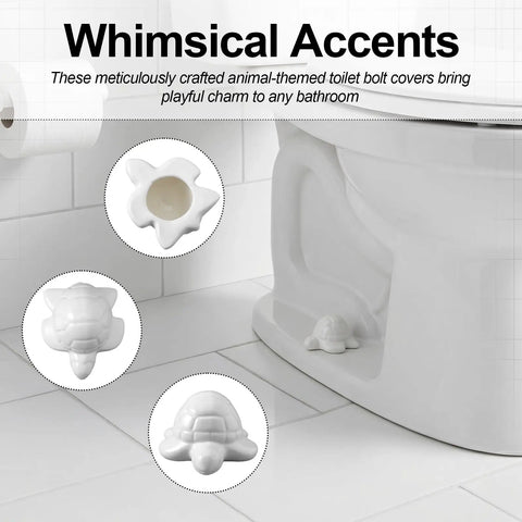 Top Shelf White Ceramic Sea Turtle Toilet Bolt Covers 2 Piece Set Fresh Coastal Bathroom Decor Screw Caps in bathroom setting.