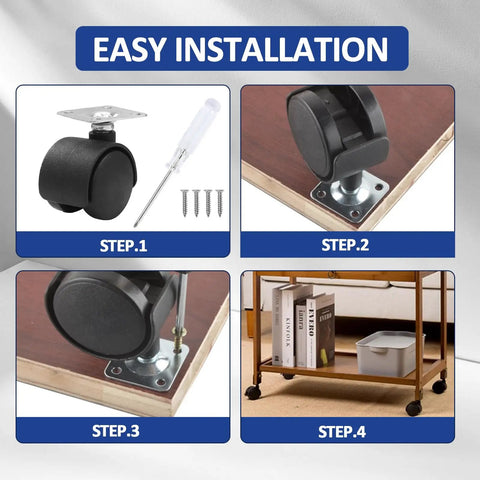 4 Piece 2 Inch Nylon Caster Wheels With M8 Threaded Swivel Stem, installation steps on furniture, showing smooth glide
