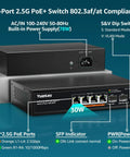Front view of Unmanaged Six Port 2.5G PoE Network Switch with Four 2.5G PoE Ports and Two 10G SFP Ports