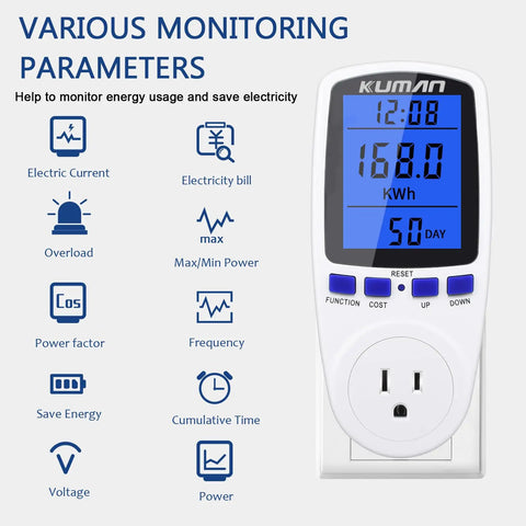 Smart Watt Meter For Home Use, Plug In Power Monitor with LCD showing voltage, amps, watts on white background, includes overload protection.