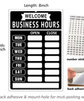 Open Closed Sign Set With Business Hours Flip Sign For Window And Door Includes Vinyl Sticker Pack Eye Catching Open For Biz And Closed Messages Perfect For Store Restaurant Or Bar Black showing business hours layout and adhesive back