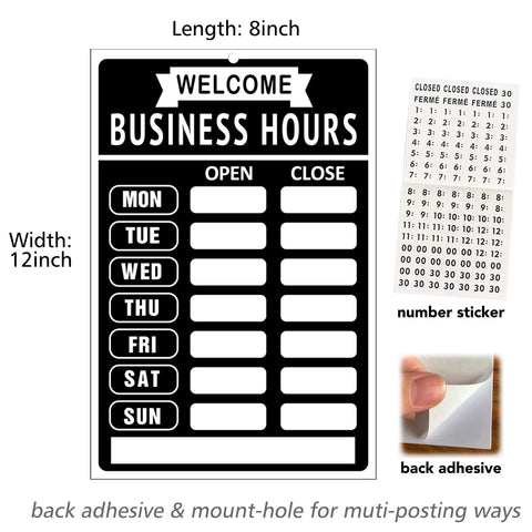 Open Closed Sign Set With Business Hours Flip Sign For Window And Door Includes Vinyl Sticker Pack Eye Catching Open For Biz And Closed Messages Perfect For Store Restaurant Or Bar Black showing business hours layout and adhesive back