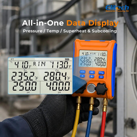 Digital HVAC Manifold Kit With Hoses And R410A Adapter, Pro Grade Pressure And Vacuum Tester For Quick Readouts, Leak Detection, And Accurate Diagnostics, Budget Friendly Tool For Technicians And DIYers in orange case