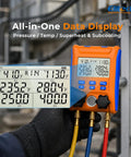 Wireless HVAC Manifold With Data Logging, Affordable Pro Tool For Pressure Hold Tests And Vacuum Leak Detection, Real Time Readouts, Easy To Use, Built For Professional Techs, orange handheld display