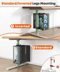 Under Desk Computer Mount For Standing Desks Clamp On PC Holder installed under desk, showing both standard and inverted leg options.