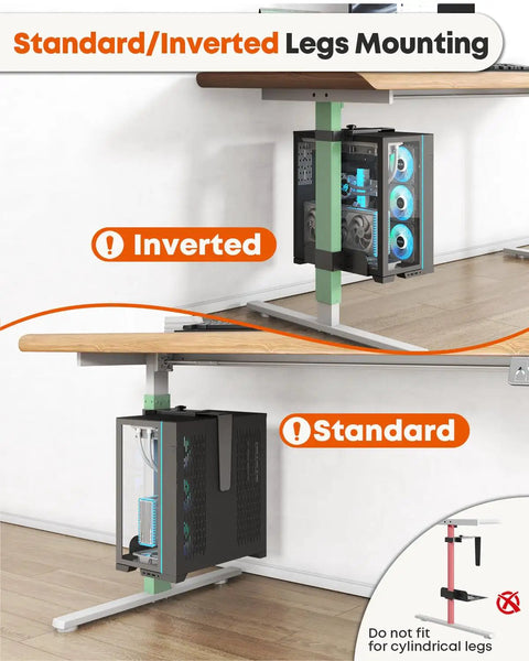 Under Desk Computer Mount For Standing Desks Clamp On PC Holder installed under desk, showing both standard and inverted leg options.