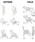 Illustration showing how to extend and fold the Oversized Padded Zero Gravity Lounge Chair With Cup Holder Foldable Patio Recliner.