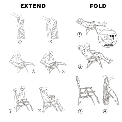 Illustration showing how to extend and fold the Oversized Padded Zero Gravity Lounge Chair With Cup Holder Foldable Patio Recliner.