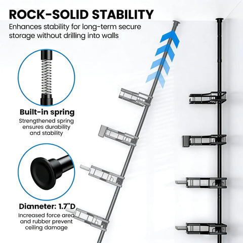Corner Shower Caddy Tension Pole 4 Tier Rustproof Shelves Adjustable Floor Standing Bath Rack Holder Waterproof Bathroom Storage For Shampoo Conditioner And More Black with built-in spring and rubber tip.
