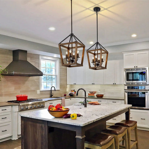 Rustic Farmhouse 4 Light Pendant Chandelier With Imitation Oak Wood Grain over kitchen island, vintage iron lantern design.