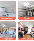 Collage of organized spaces including laundry room, garage with storage racks, storage room with bins, and clothing closet with shelves.
