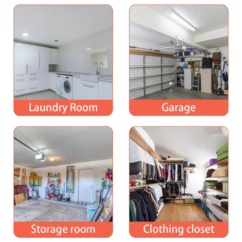 Collage of organized spaces including laundry room, garage with storage racks, storage room with bins, and clothing closet with shelves.