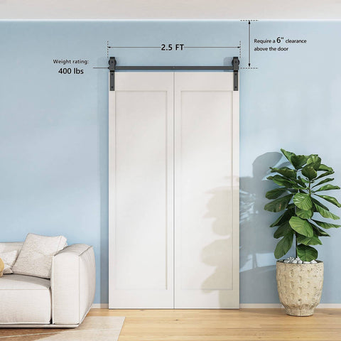 2.5Ft Bi Folding Sliding Barn Door Hardware Track Kit For Two Doors, black roller kit, J shape track installed in living room