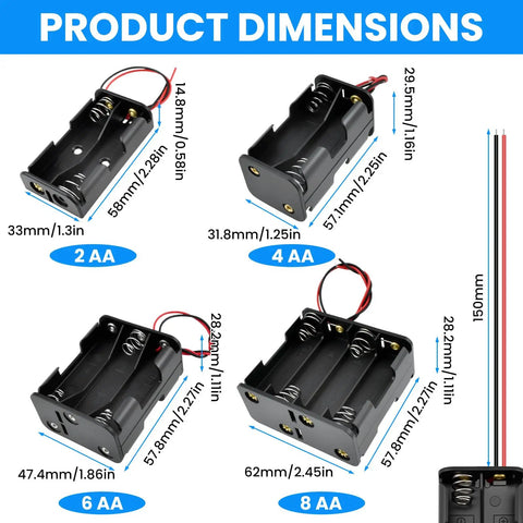 Kickstart Your Diy Electronics Projects With This Solid Gear Four Pack Aa Battery Holder Case Kit featuring product dimensions and sizes.