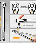 One-Half Inch Drive Torque Wrench Dual-Direction 72-Tooth With 10-170 Ft-Lb Range And 13.5-229 Nm, reversible ratchet, quick-release