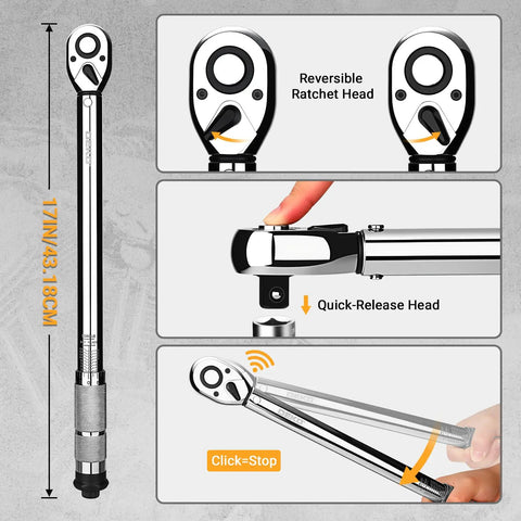 One-Half Inch Drive Torque Wrench Dual-Direction 72-Tooth With 10-170 Ft-Lb Range And 13.5-229 Nm, reversible ratchet, quick-release