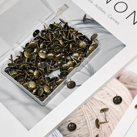 Top Shelf Brass Upholstery Tacks For Furniture Restoration, 200 Piece Box of decorative nail pins in a clear container.