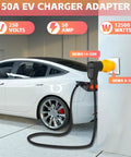 Nema 6-50P To 14-50R EV Level 2 Charging Adapter 32 Amp Max connects to Tesla's charging port for home EV charging.