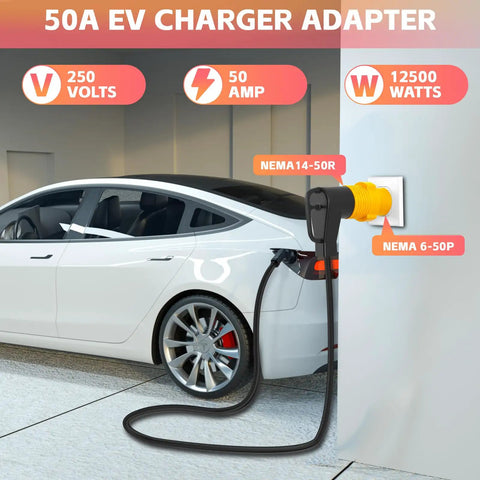 Nema 6-50P To 14-50R EV Level 2 Charging Adapter 32 Amp Max connects to Tesla's charging port for home EV charging.