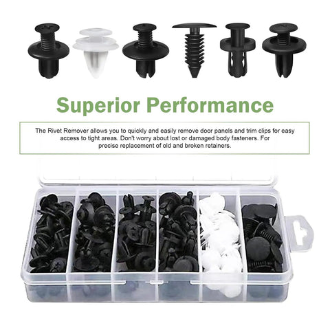 100 Pcs Car Rivets Fasteners Kit with Multi Size Bumper Retainer Clips in box, Durable Nylon for Cars Trucks SUVs