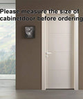 Close-up of a modern cabinet door with a warning to measure size before ordering, featured in a minimalist setting.