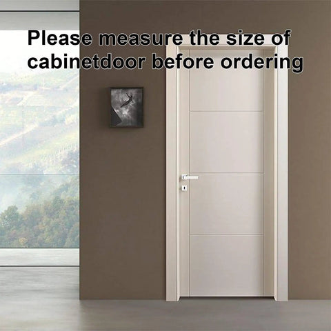 Close-up of a modern cabinet door with a warning to measure size before ordering, featured in a minimalist setting.