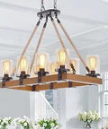 Eight Light Wood Chandeliers For Rustic Farmhouse Dining Room And Kitchen Island Pendant Lighting With Brown Clear Glass Shade And Hemp Rope, Adjustable Chain, Dimmable Bulbs Recommended, 480W Max, Bulb Not Included displayed in a bright modern dining area.