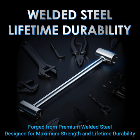 Beefed-Up Heavy Duty Door Hinge Adjustment Tool, double-ended steel wrench on dark background with text Welded Steel Lifetime Durability.