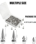 Rock Hard Heavy Duty Silver Cone Spikes Screw Back Studs Punk Rock Bullet Rivets for Custom Leather Jackets and Streetwear Upgrade Mixed Sizes Pack showing various spike sizes and container.