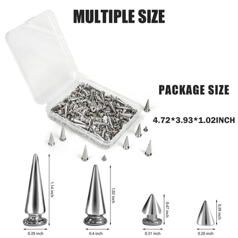 Rock Hard Heavy Duty Silver Cone Spikes Screw Back Studs Punk Rock Bullet Rivets for Custom Leather Jackets and Streetwear Upgrade Mixed Sizes Pack showing various spike sizes and container.