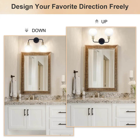 Dope Two Light Vanity Light Over Mirror 17 Inch Black And Gold Wall Sconce Lighting With White Glass Globe Shades showing lighting direction