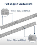 USA Made 6 Inch Flexible Steel Machinist Ruler With Satin Chrome Finish Handy For Curved Surfaces And Tight Spots, Precise 1/10 1/50 1/32 1/64 Grads, Narrow 1/2 Inch Width, Built Tough And Snag Free showing full English graduations