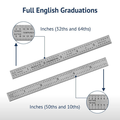 USA Made 6 Inch Flexible Steel Machinist Ruler With Satin Chrome Finish Handy For Curved Surfaces And Tight Spots, Precise 1/10 1/50 1/32 1/64 Grads, Narrow 1/2 Inch Width, Built Tough And Snag Free showing full English graduations