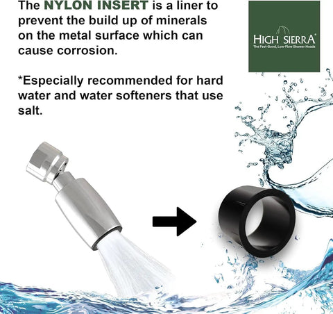 Lead Free Metal Handheld Shower Head With 72 Inch Stainless Steel Hose Biofilm Resistant Silicone Inner Tube And Holder Low Flow 1.8 GPM Delivers Rain Like Cascade For Scalp Massage And Fast Shampoo Rinse with nylon insert shown
