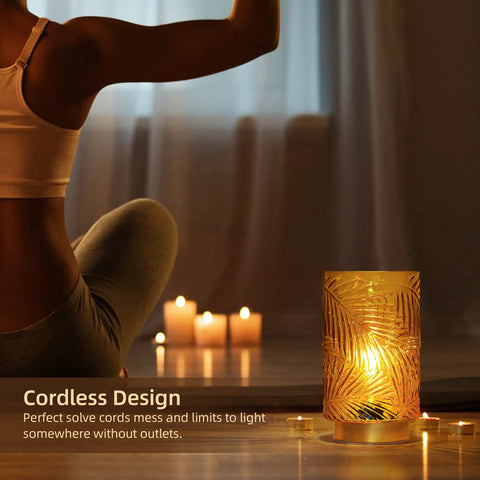 Cordless Battery Powered Table Lamp With LED Bulb And Timer Delivers A Lit Glow Leaf Veined Glass Nightlight, yoga ambiance