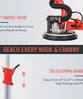 Close-up of 800W Electric Drywall Sander with Vacuum Attachment and Lights showing 90° swivel head and telescopic handle.