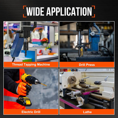Wide application image showcasing Pro Grade Spiral Point Tap For 1/2-13 UNC Right Hand Cutting on thread tapping machine, drill press, and lathe.