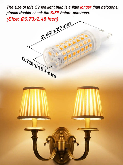 No Flicker G9 LED Bulbs 6W Dimmable 2700K Soft Warm White 600LM shown with dimensions and chandelier light